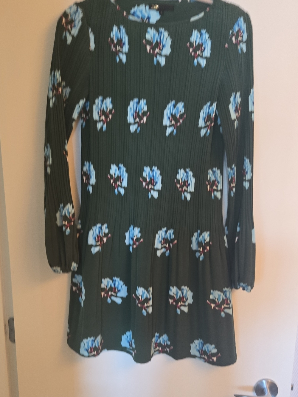 Maje Dark Green Floral Pleated Long Sleeve Mini Dress